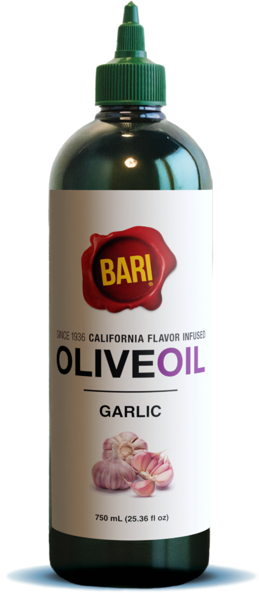 Dark green 750mL squeeze bottle of California Garlic Flavor Infused Bari Olive Oil