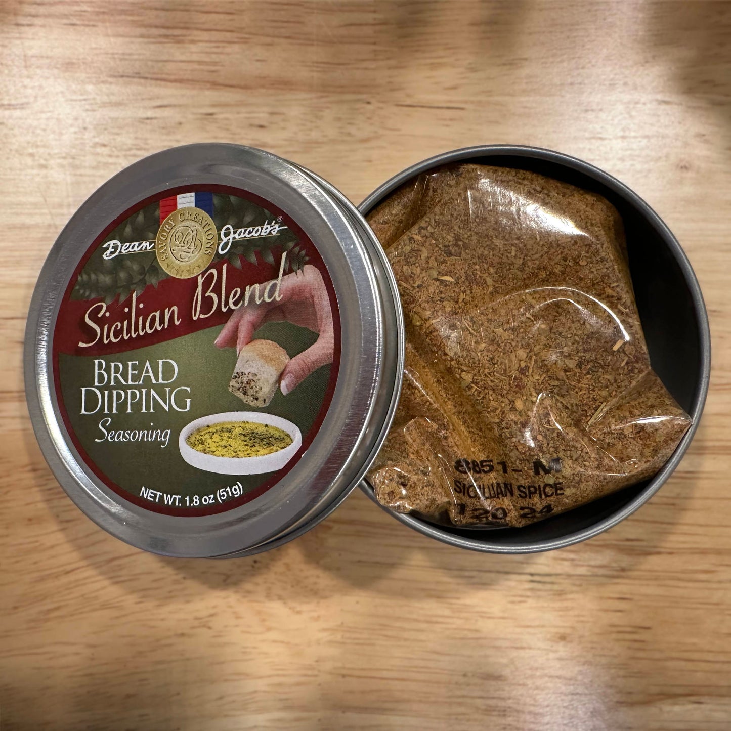 Bari Bread Dipping tin - opened - Sicilian Blend on table