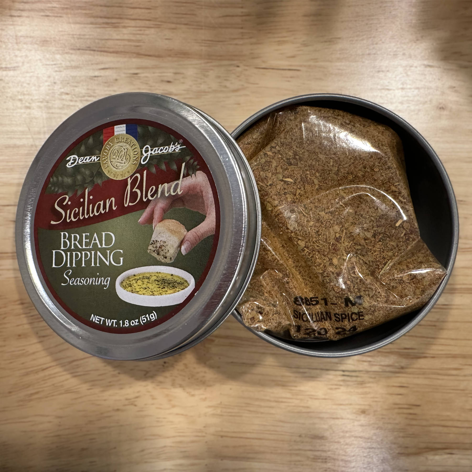 Bari Bread Dipping tin - opened - Sicilian Blend on table