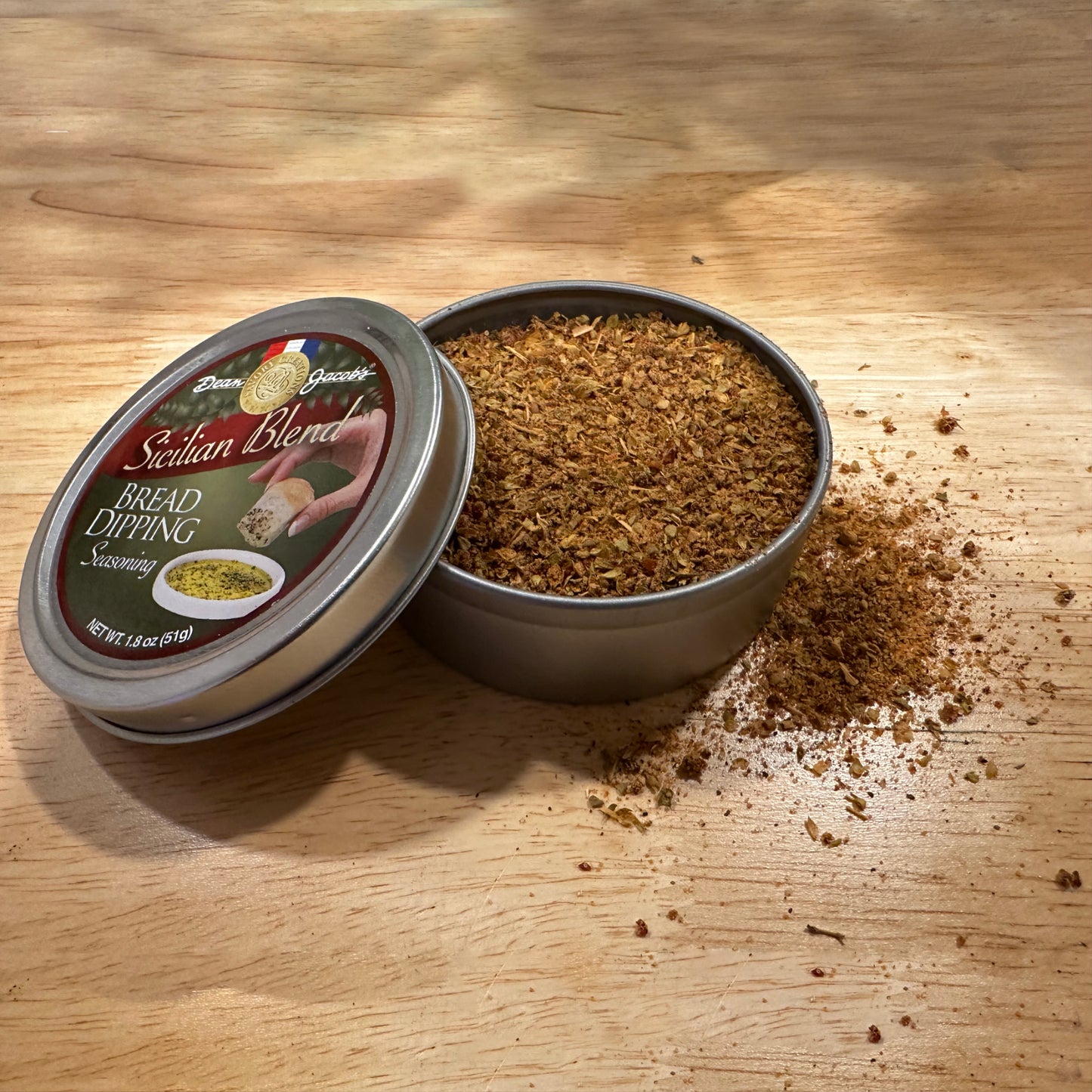 Bari Bread Dipping tin - opened - Sicilian Blend on table