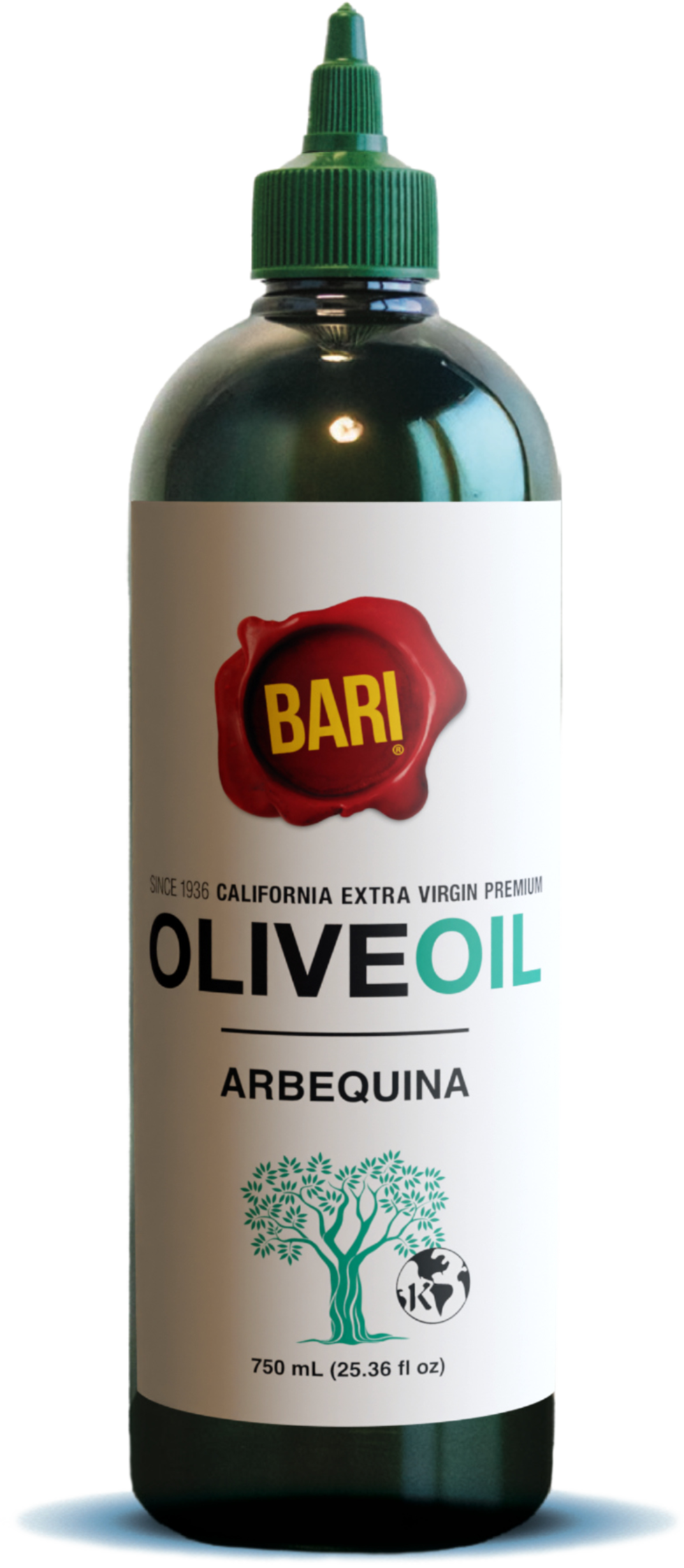 Dark green 750mL squeeze bottle of kosher California Extra Virgin Bari Arbequina Olive Oil