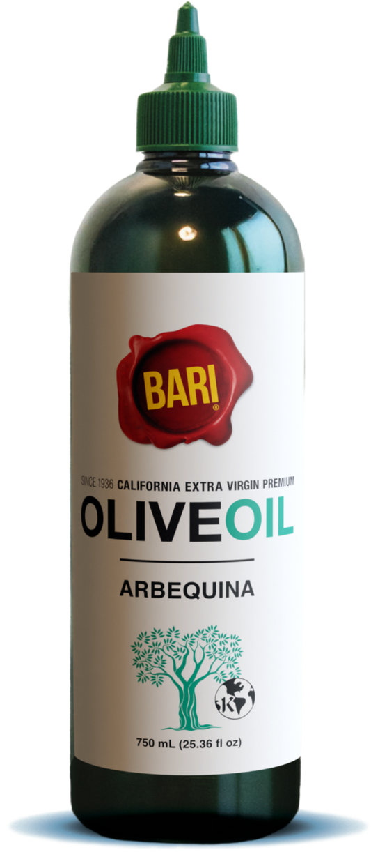 Dark green 750mL squeeze bottle of kosher California Extra Virgin Bari Arbequina Olive Oil
