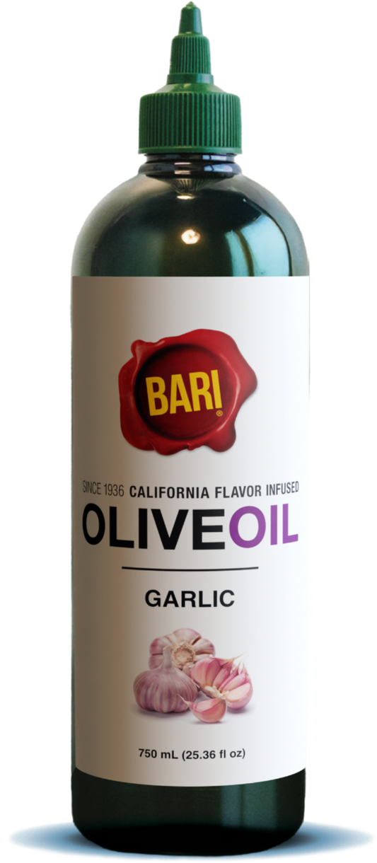 Dark green 750mL squeeze bottle of California Garlic Flavor Infused Bari Olive Oil