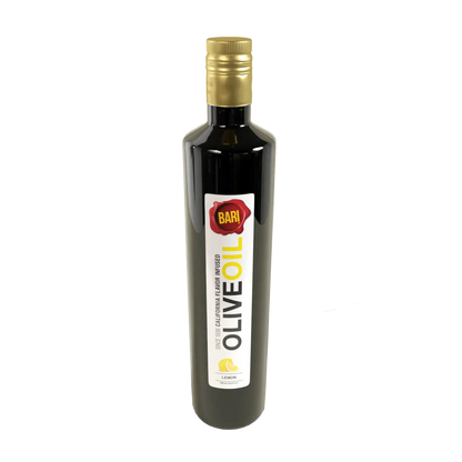 A bottle of Bari Lemon Infused Olive Oil with a gold cap and a label that reads 'BARI OLIVE OIL'.