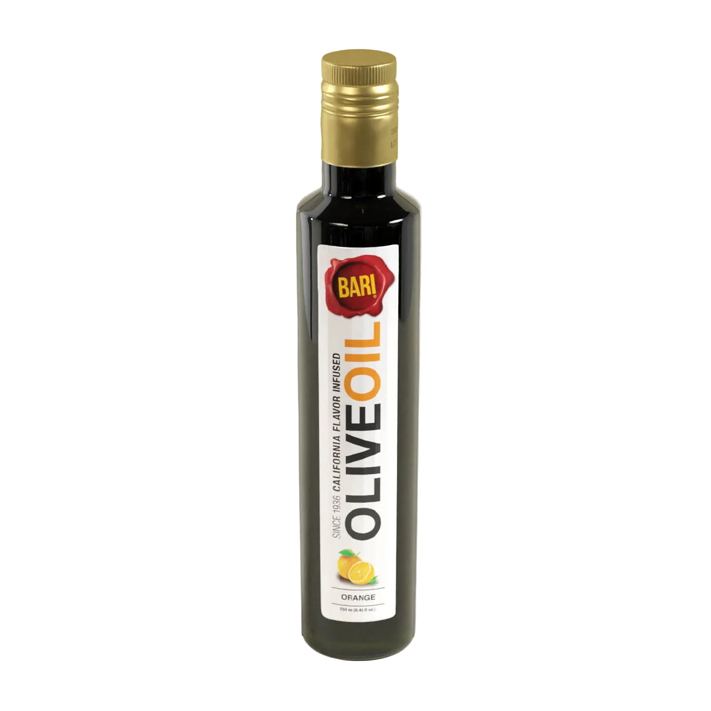 A bottle of Bari orange infused olive oil with a label showing the brand name and a graphic of an orange, indicating the flavor.