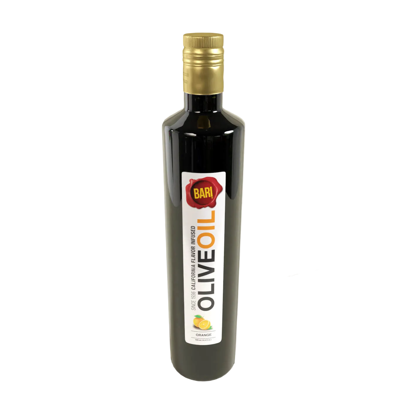 A bottle of Bari brand orange infused olive oil with a label showing a slice of orange and the text 'OLIVE OIL'.
