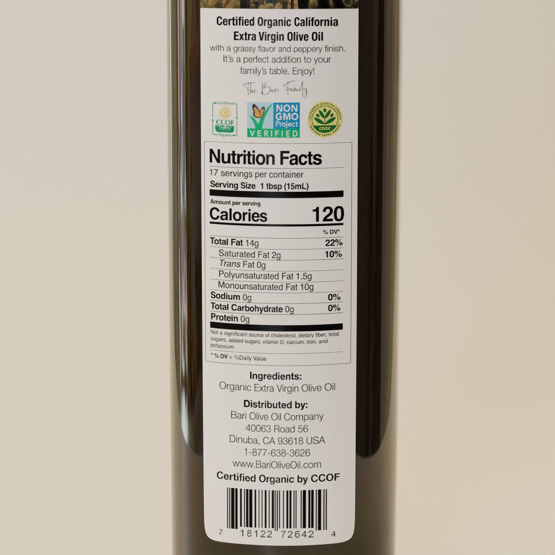 Bari Organic Olive Oil 250mL - close up of back label