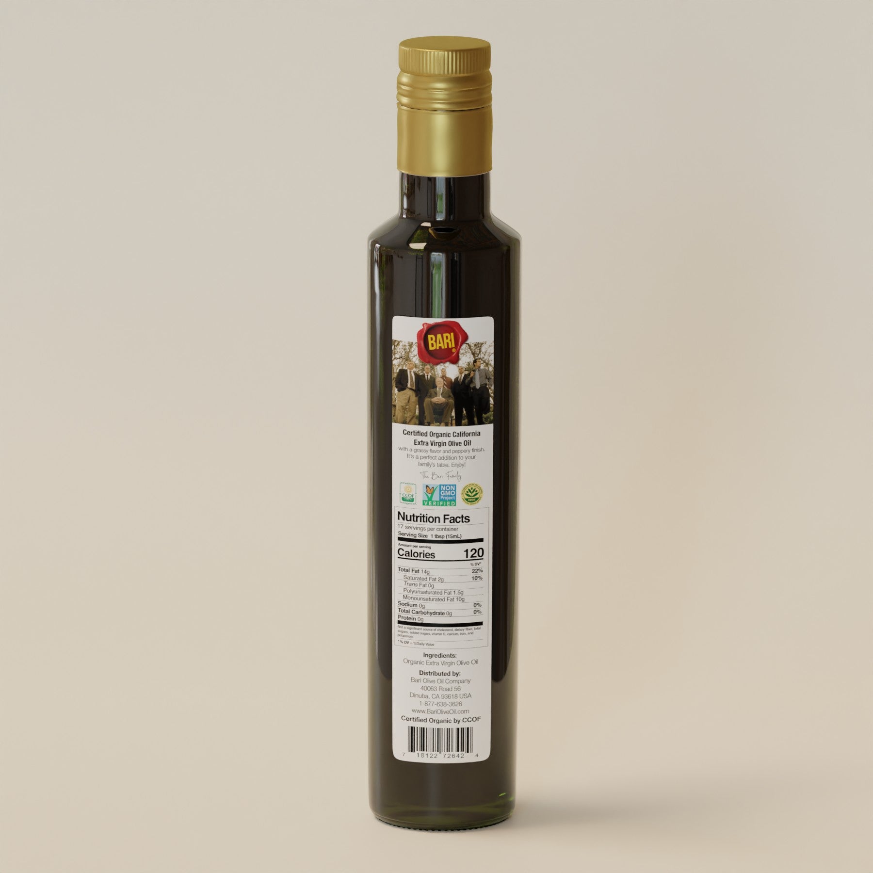 Bari Organic Olive Oil 250mL - backside of bottle