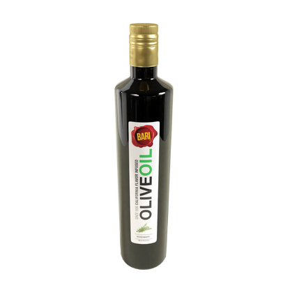 A bottle of rosemary infused olive oil with a label that includes the brand name 'BARI' and the product name 'ROSEMARY INFUSED OLIVE OIL'. The bottle is tall with a narrow neck and a gold cap.