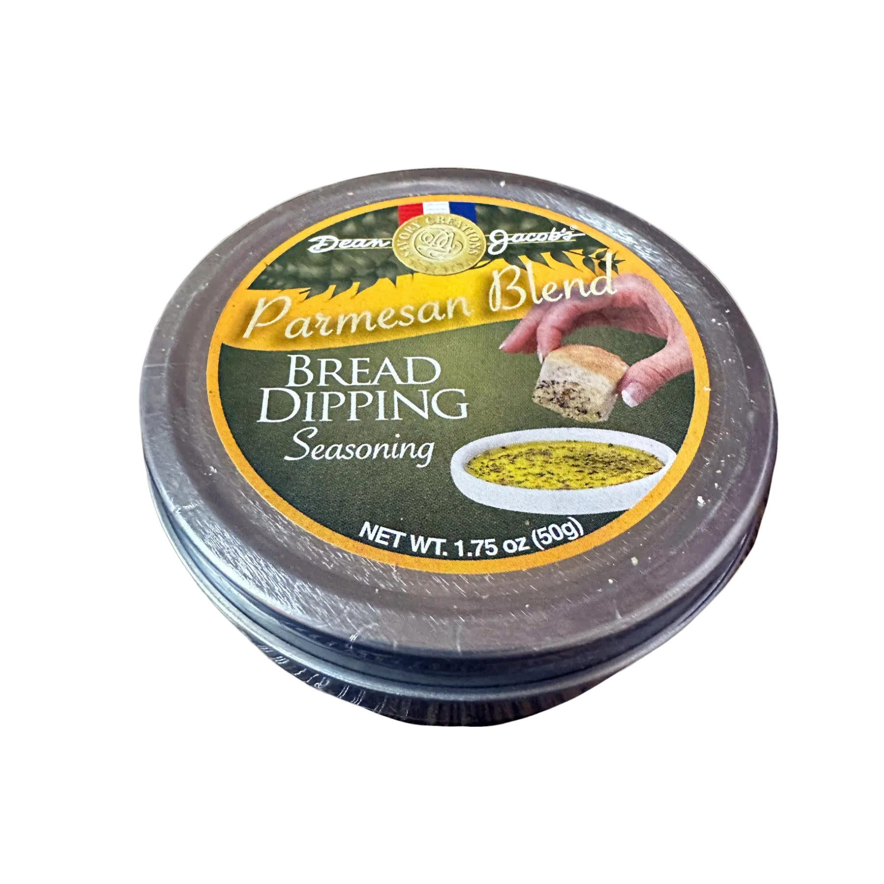 Jar of Parmesan Blend bread dipping seasoning with label on a white background