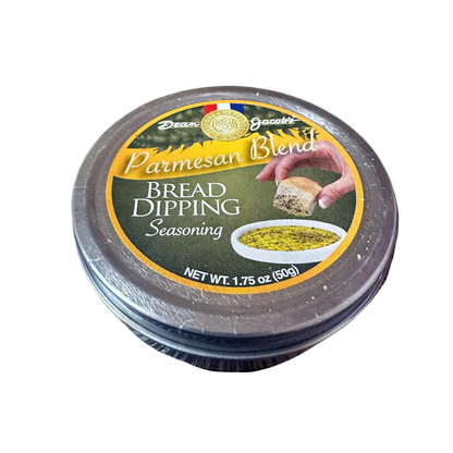 Jar of Parmesan Blend bread dipping seasoning with label on a white background
