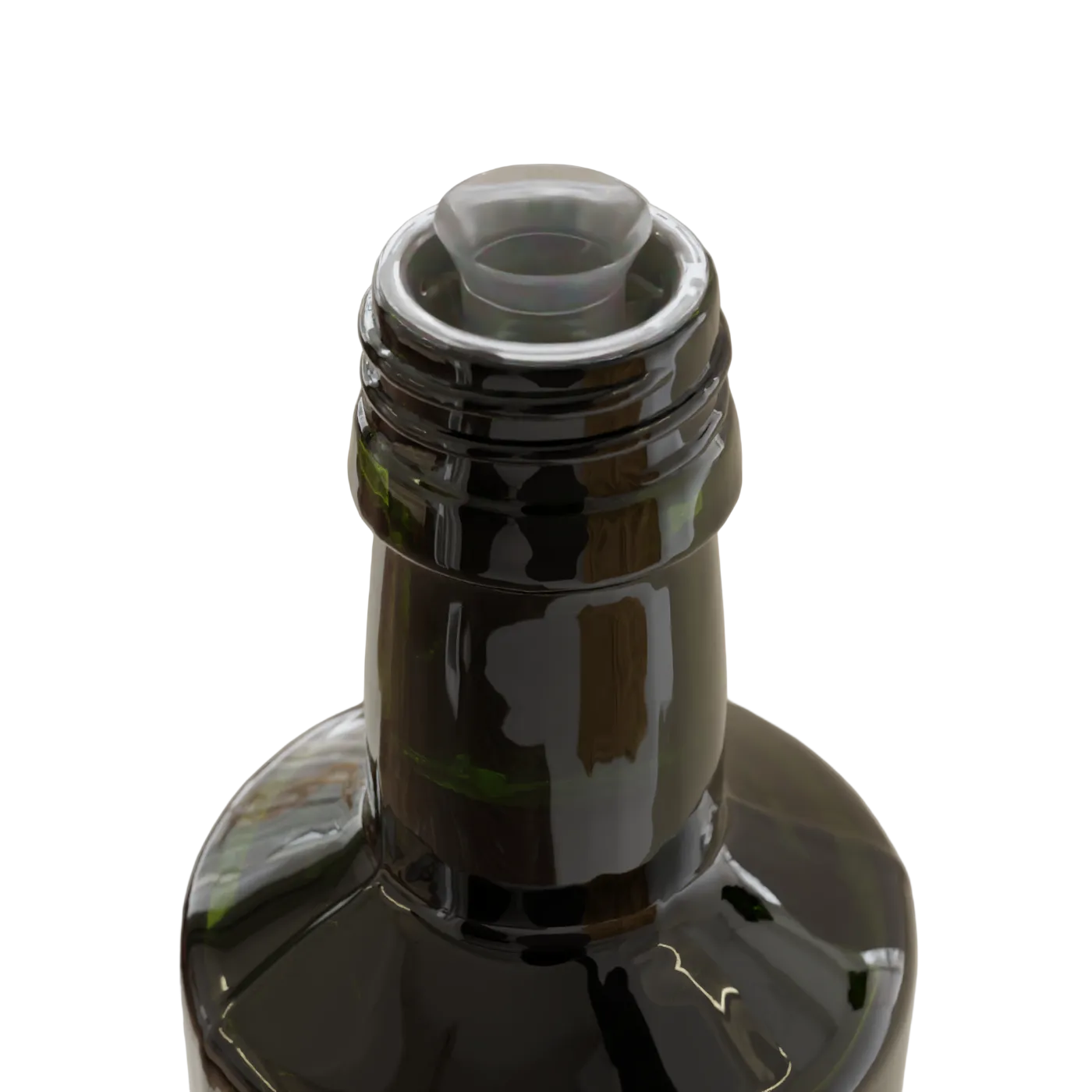Close-up of a dark glass bottle with a translucent pour spout insert
